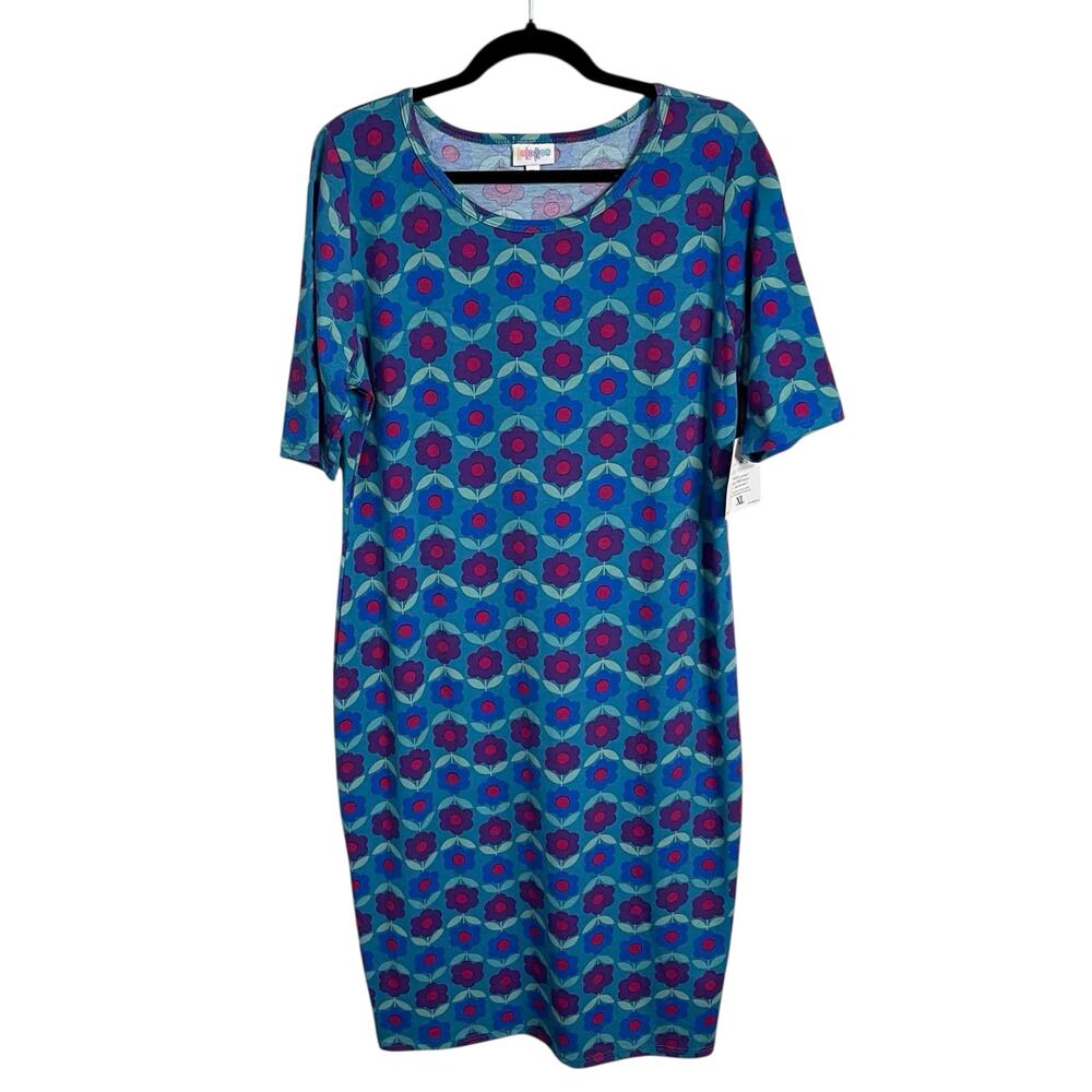 Women's Lularoe Julia Pullover Shift Midi Dress Blue Purple Floral Size XL NWT